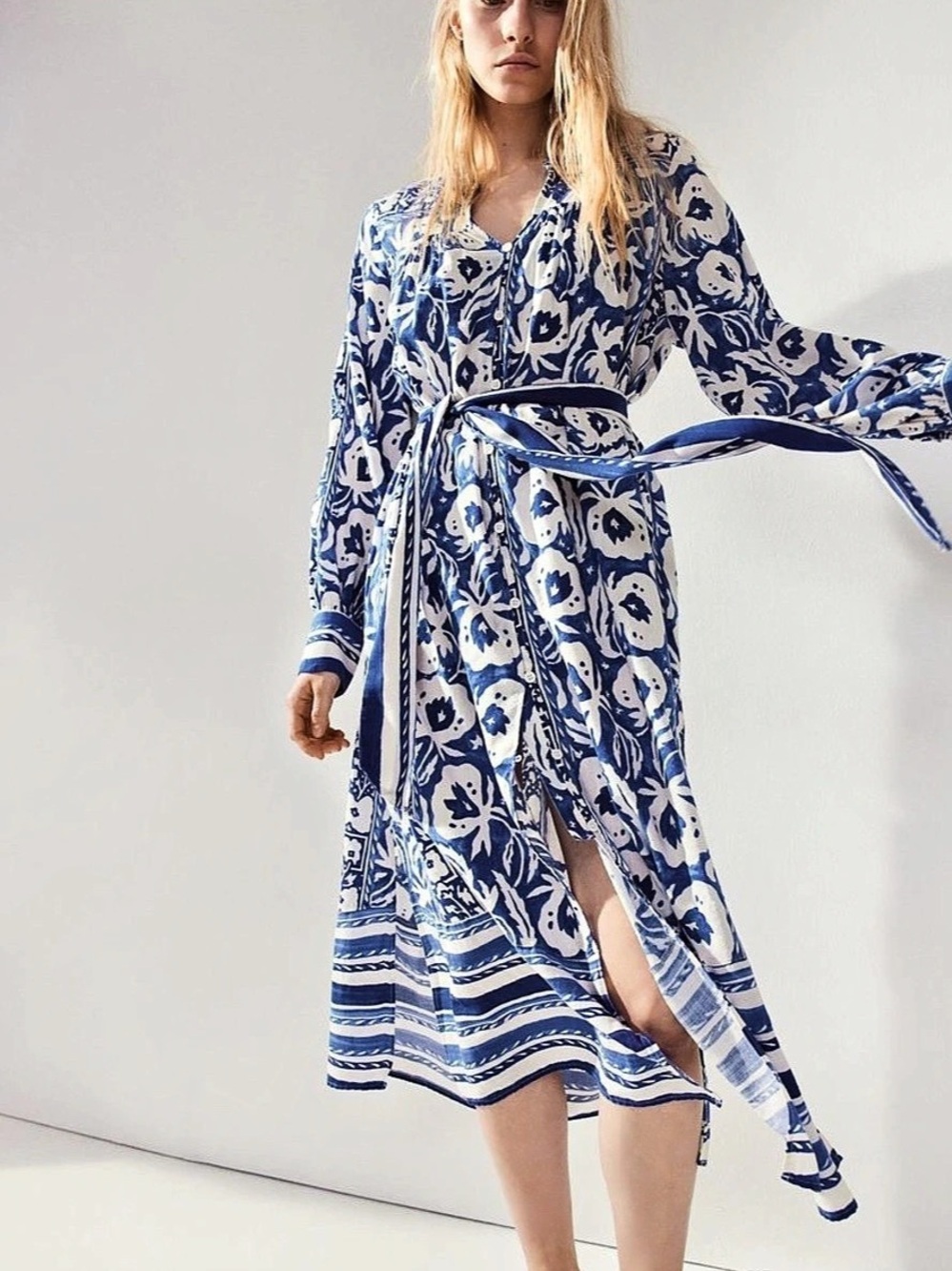 H&M Tie-Belt Shirt Dress Blue Floral Wrap Midi Dress Size Medium Like New